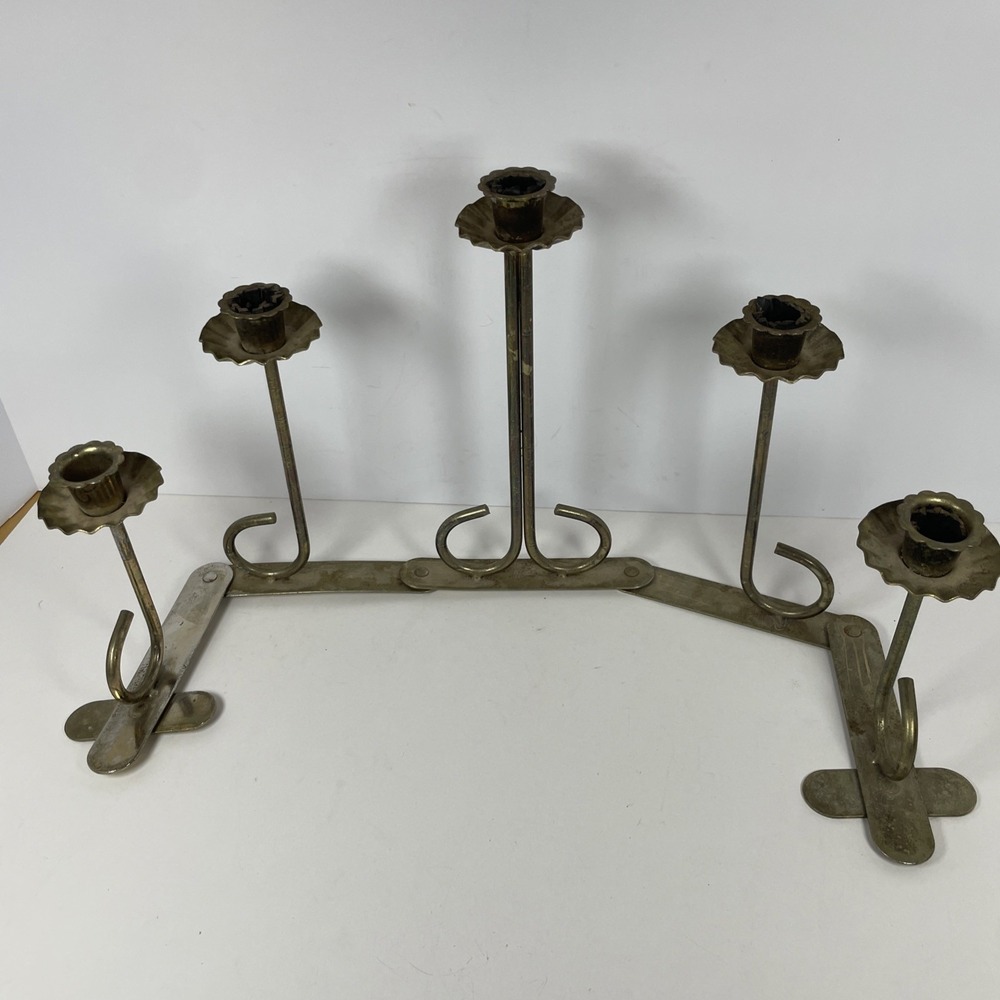 MCM Large 5 Candle Holder Candlestick Accordion Folding Style Gold Tone Metal - Picture 3 of 6